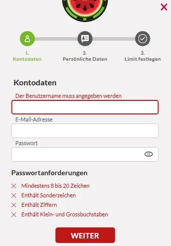 Registrierungsformular – Spielerkonto mit E-Mail-Adresse und Passwort erstellen